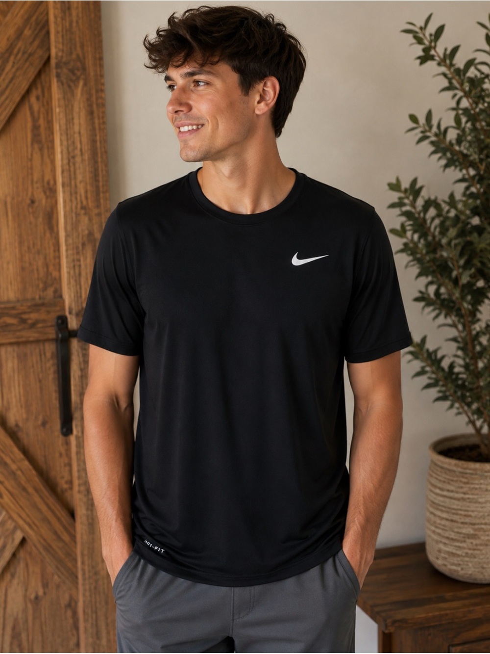 Nike Black Short Sleeve Athletic Tee with White Swoosh